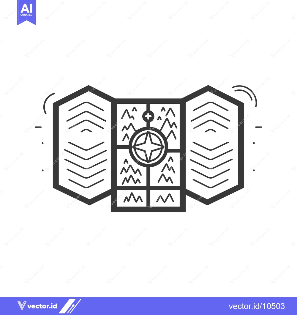 Premium Vector dari A Black and White Line Drawing of a Folded Map with a Compass and Moun