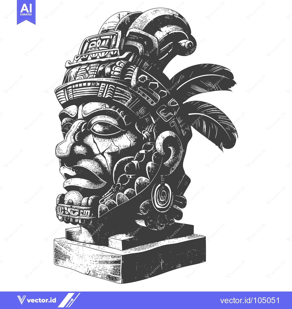 Premium Vector of Stone Bust of a Mayan King with a Detailed Headdress