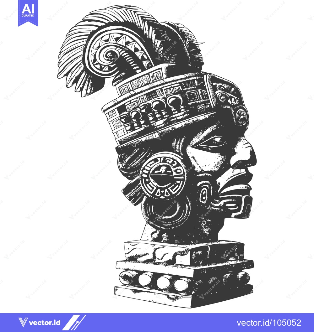 Premium Vector of Stone Carving of a Mayan Head with Elaborate Headdress