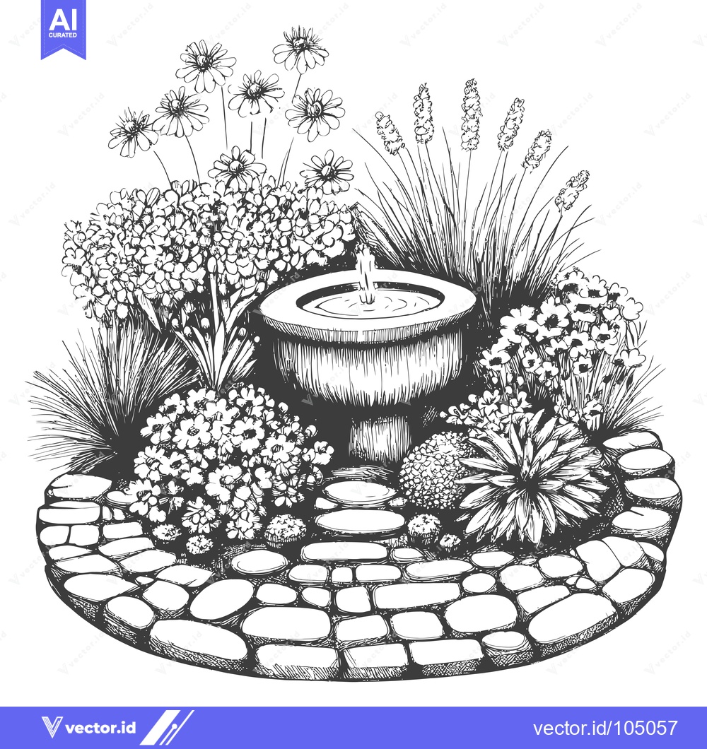 Premium Vector dari Stone Pathway Leading to a Fountain Surrounded by Flowers