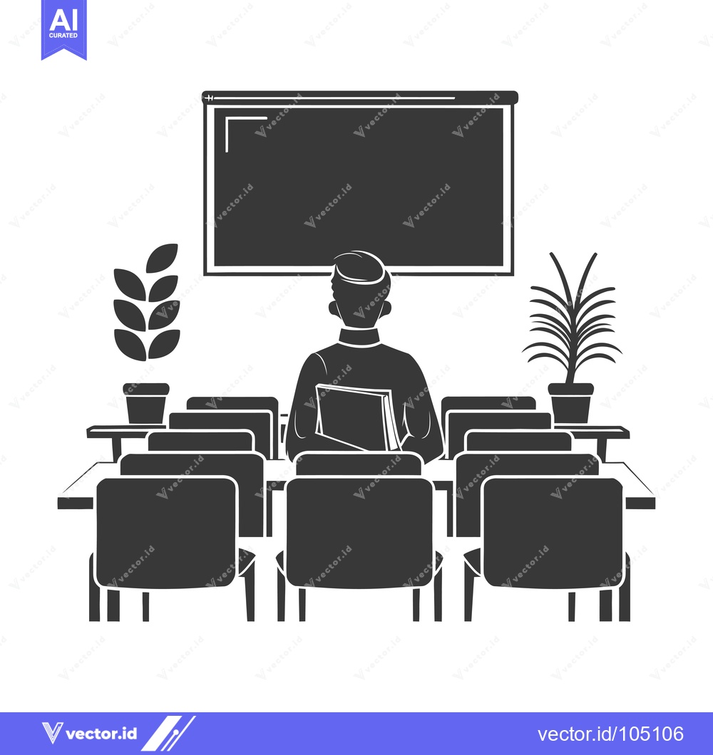 Premium Vector dari Student Sitting in a Classroom with a Blackboard and Plants