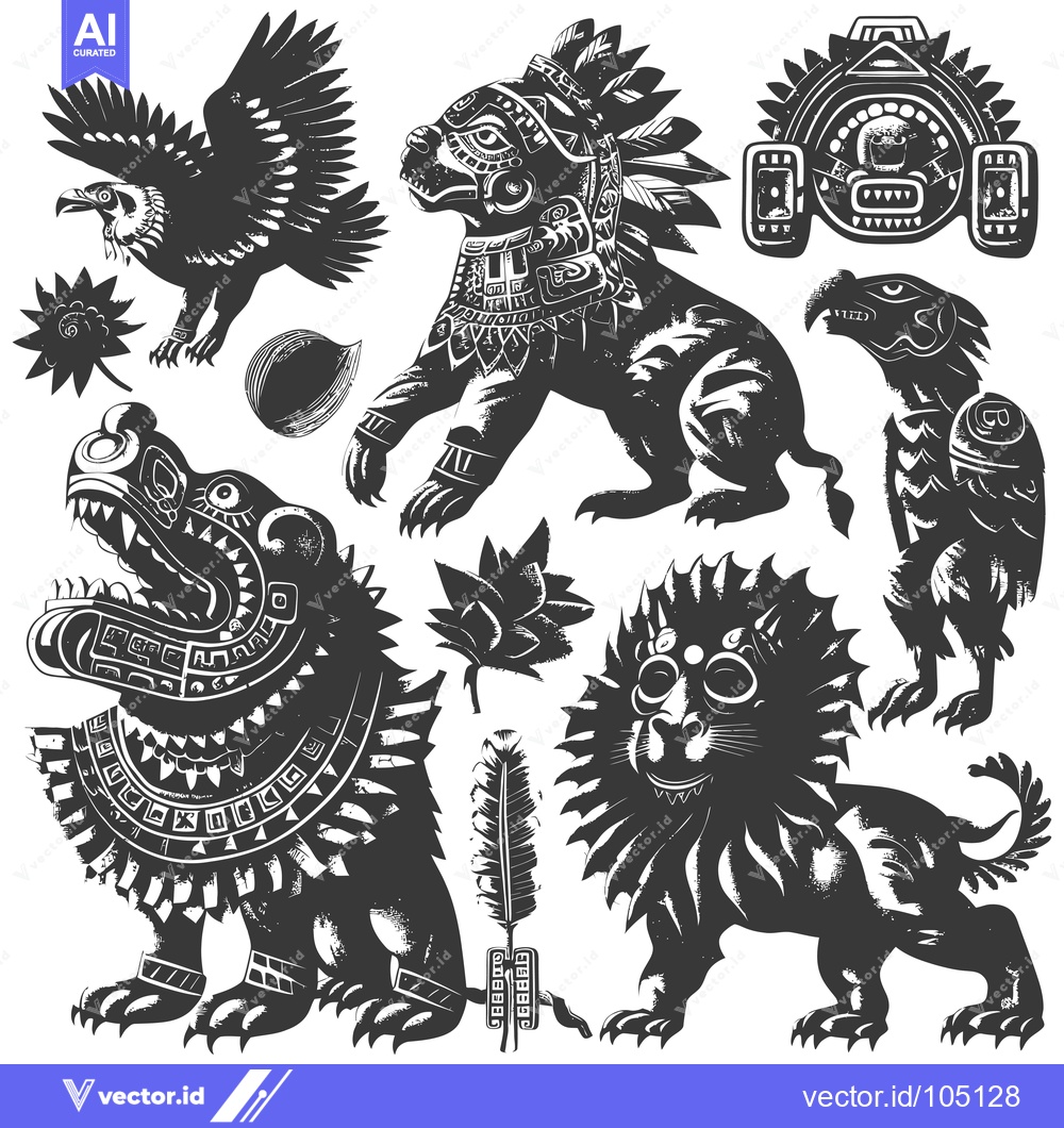 Premium Vector dari Stylized Animals and Masks in Aztec Design
