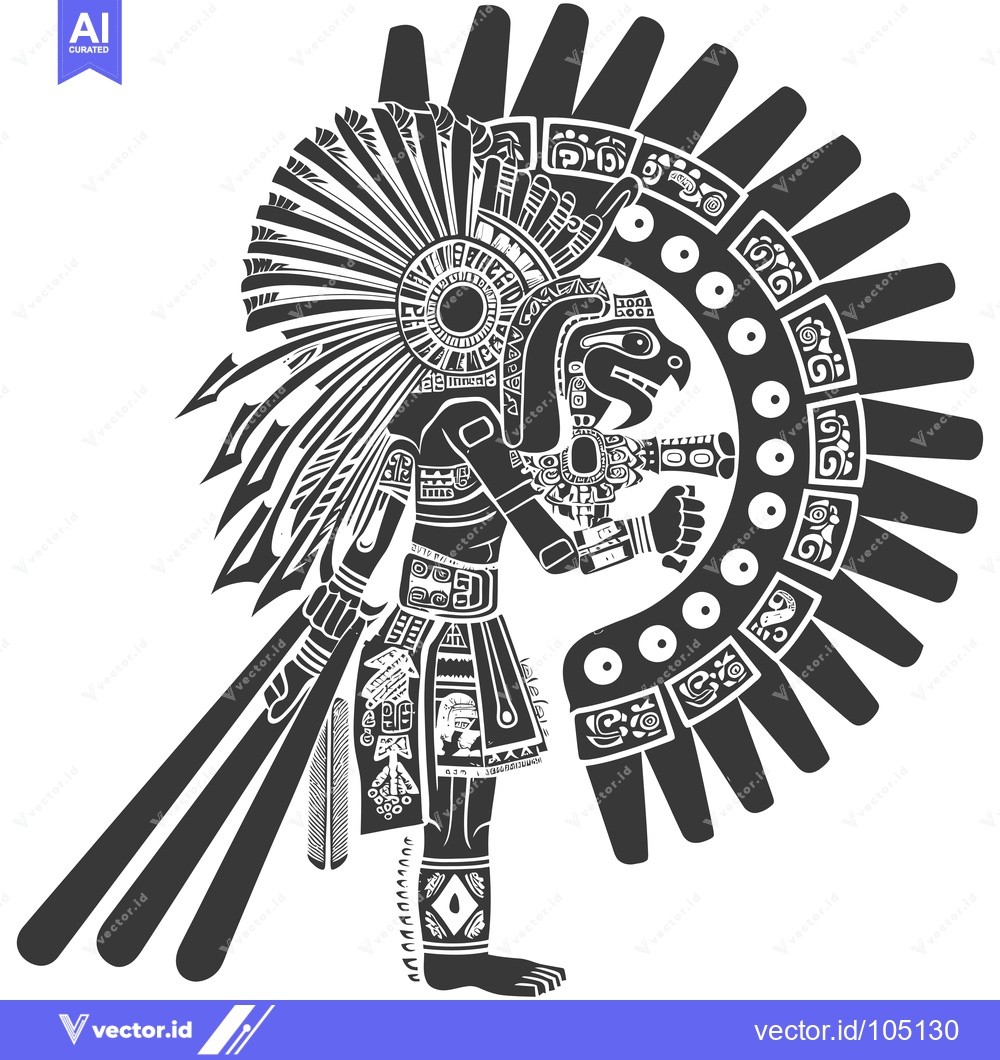 Premium Vector dari Stylized Aztec Deity with Sun Symbol and Feathered Headdress