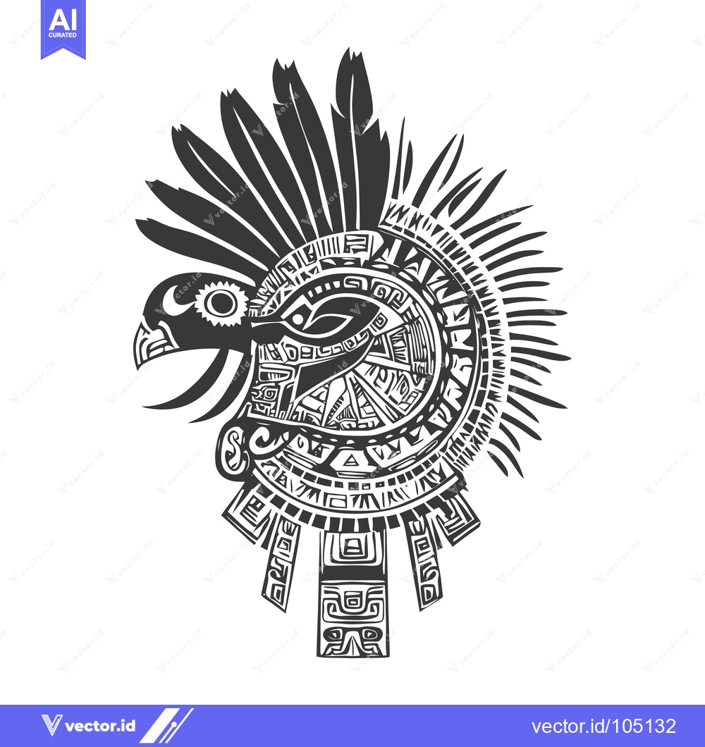 Premium Vector of Stylized Aztec Eagle Head with Feathers and Geometric Patterns
