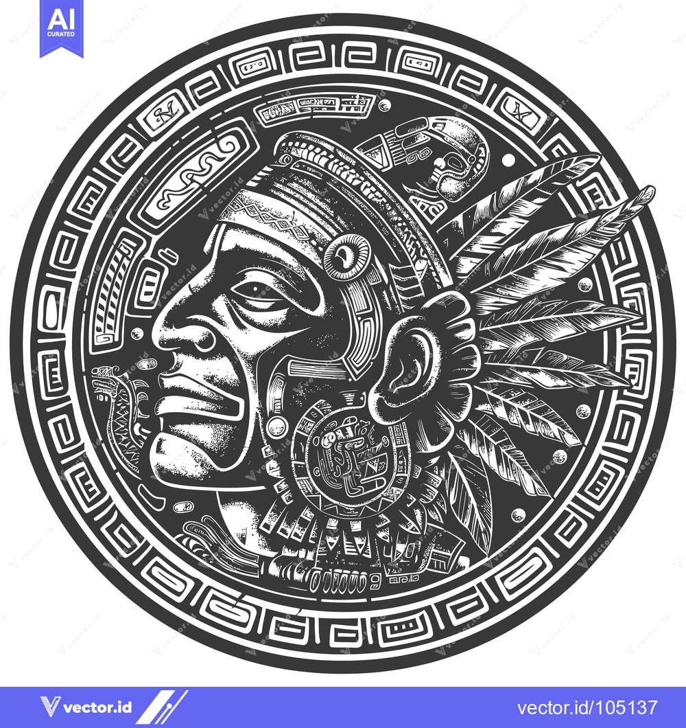 Premium Vector dari Stylized Aztec Warrior Head with Feathers and Geometric Border