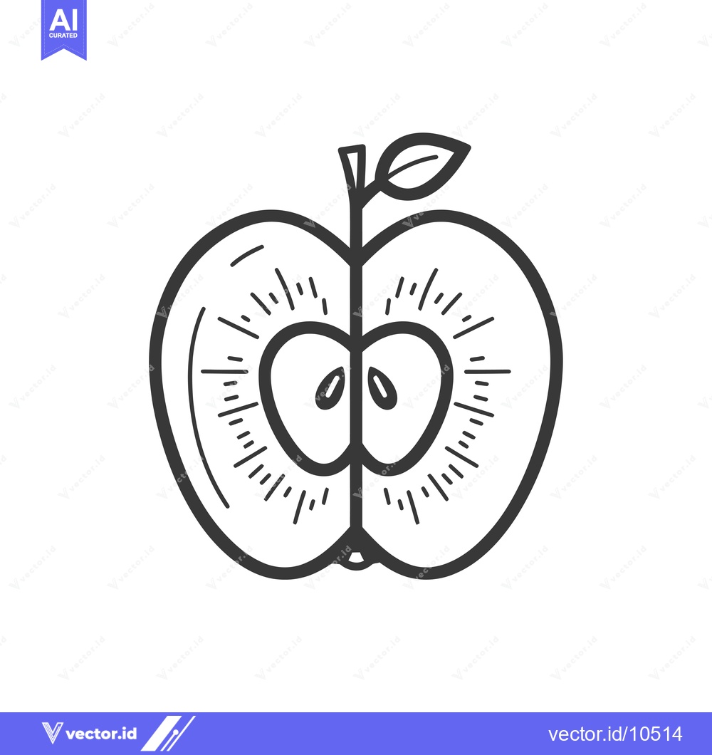 Premium Vector of A black and white line drawing of a halved apple with a leaf