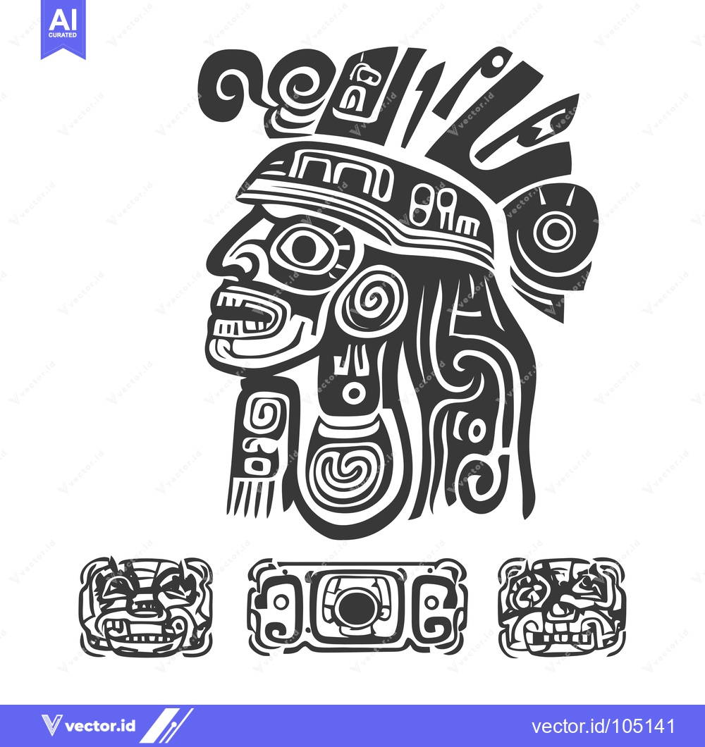 Premium Vector dari Stylized Aztec Warrior with Traditional Headpiece and Mask