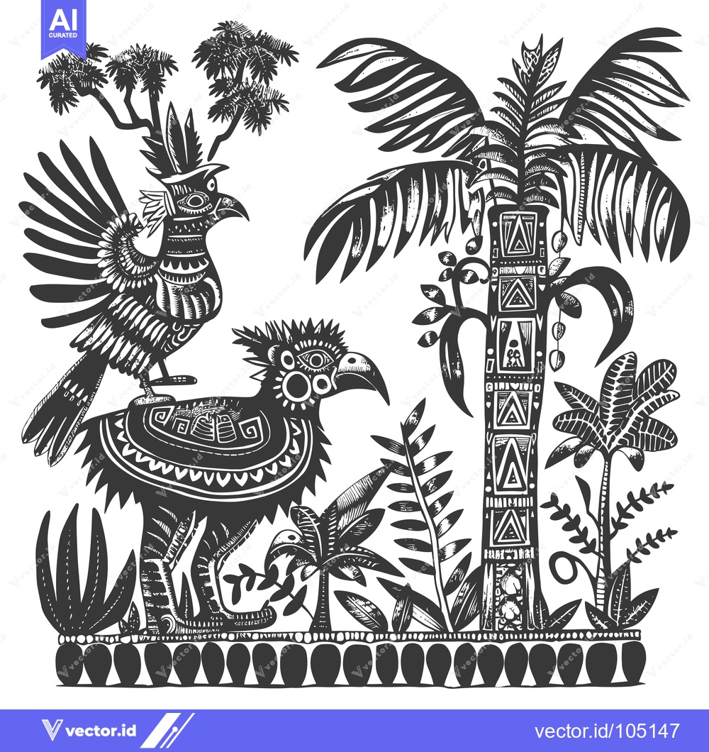Premium Vector of Stylized Birds and Palm Trees in a Jungle Setting