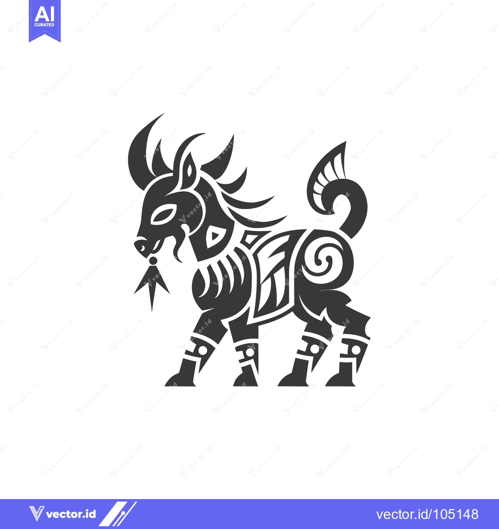 Premium Vector dari Stylized Black and White Animal with Curved Horns and Tail