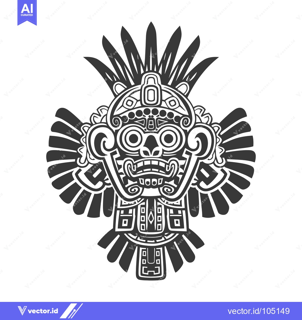Premium Vector dari Stylized Black and White Aztec Deity with Feathered Headpiece and Wing