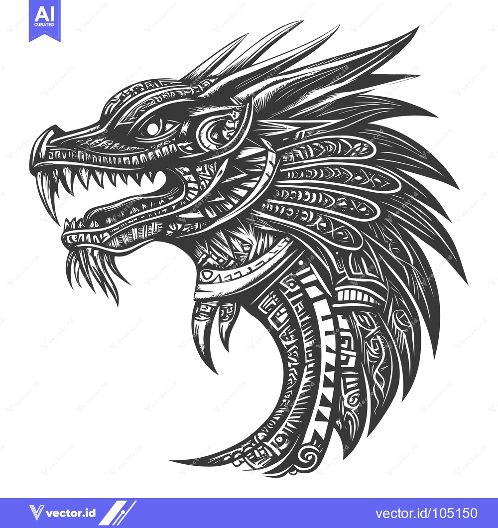 Premium Vector of Stylized Black and White Aztec Dragon Head with Feathers