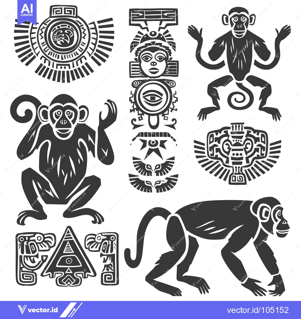 Premium Vector of Stylized Black and White Aztec Monkey and Geometric Designs