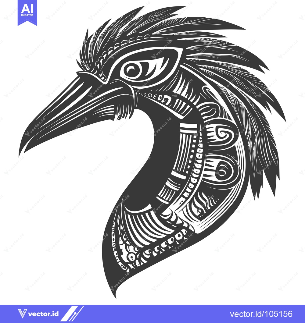 Premium Vector of Stylized Black and White Bird Head with Detailed Feathers and Patterns