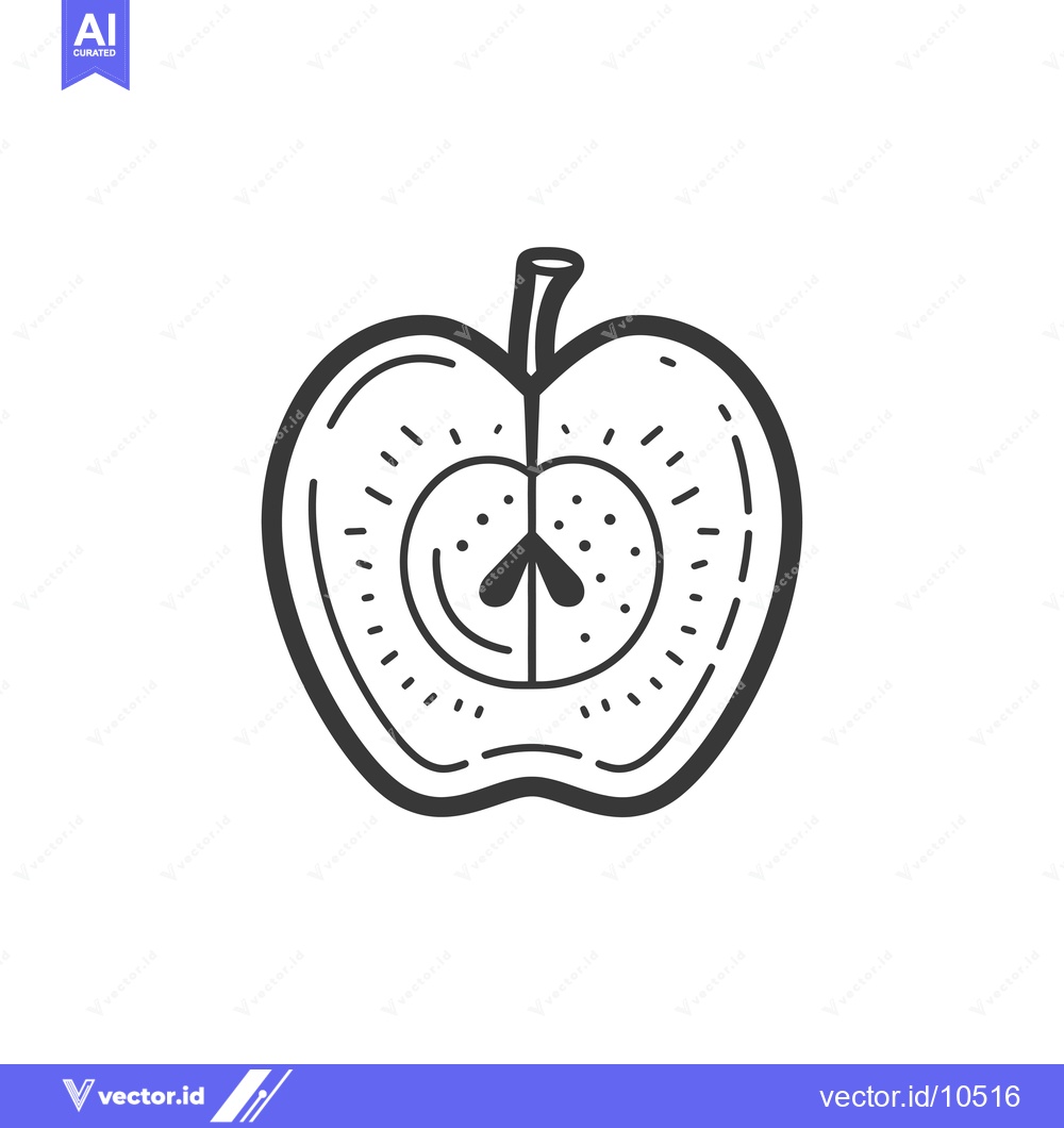 Premium Vector dari A black and white line drawing of a halved apple with a stem.