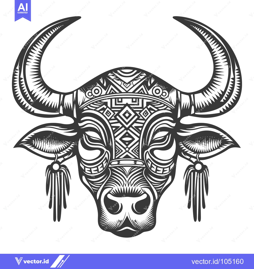 Premium Vector of Stylized Black and White Bull Head with Tribal Pattern and Tassels