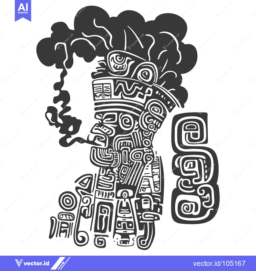 Premium Vector dari Stylized Black and White Depiction of a Mayan Figure with Smoke