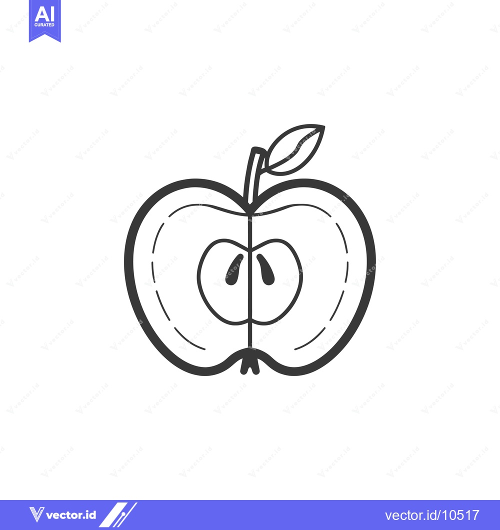 Premium Vector of A Black and White Line Drawing of a Halved Apple with a Stem and Leaf