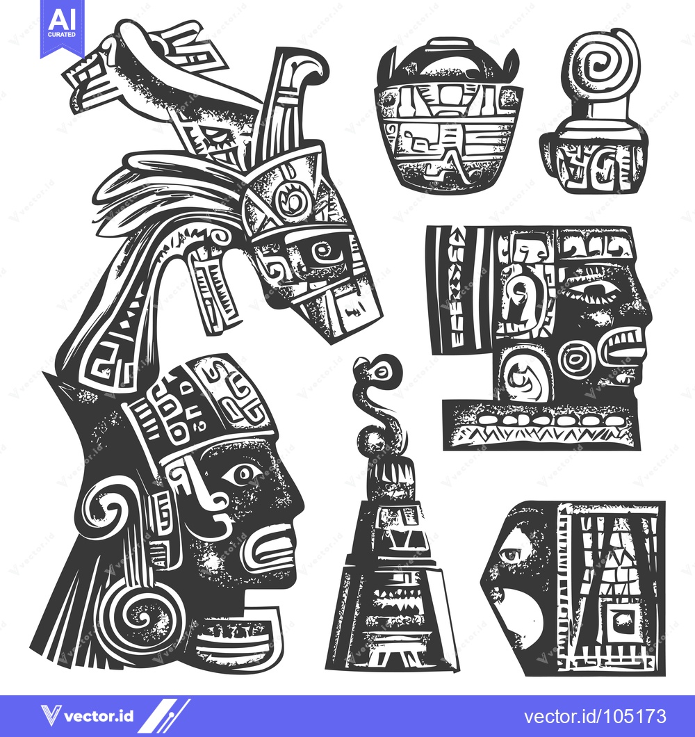 Premium Vector of Stylized Black and White Drawings of Aztec Heads and Ornaments