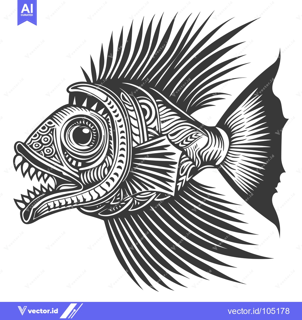 Premium Vector of Stylized Black and White Fish with Open Mouth and Spiked Fins