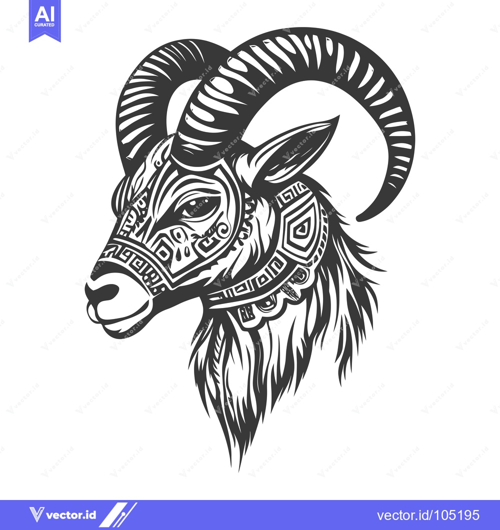 Premium Vector of Stylized Black and White Goat Head with Ornamental Horns