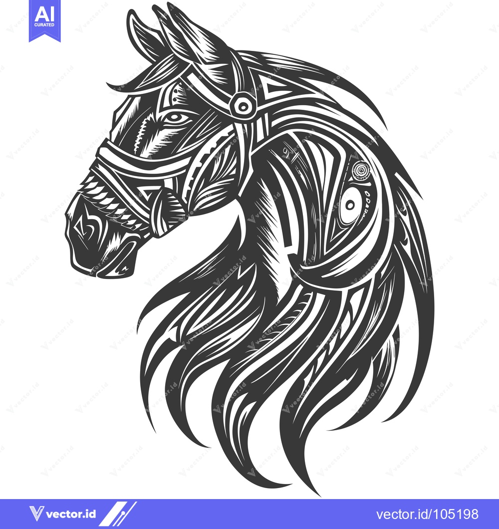 Premium Vector of Stylized Black and White Horse Head with Detailed Pattern