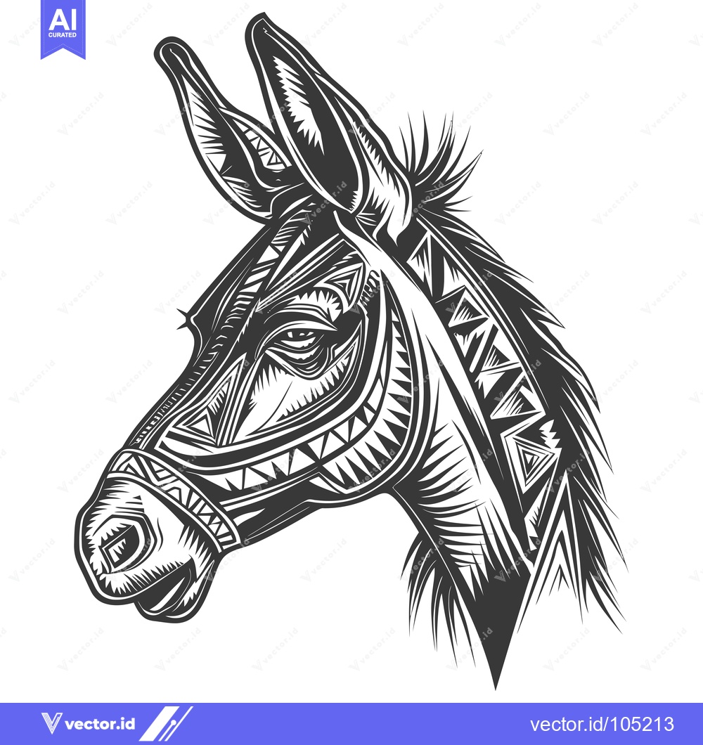 Premium Vector dari Stylized Black and White Illustration of a Donkey Head with Tribal Pat