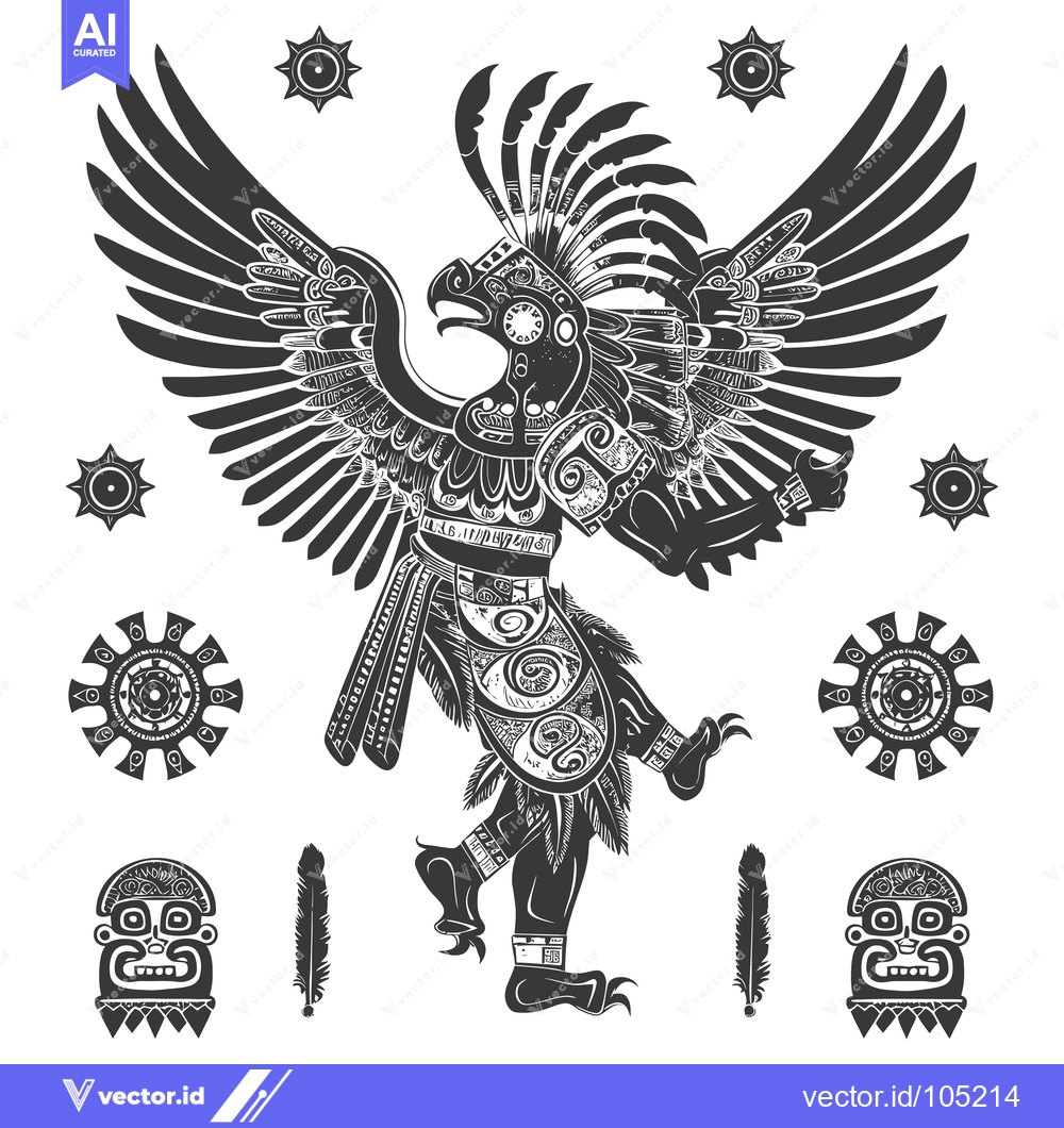 Premium Vector dari Stylized Black and White Illustration of a Feathered Aztec Eagle with