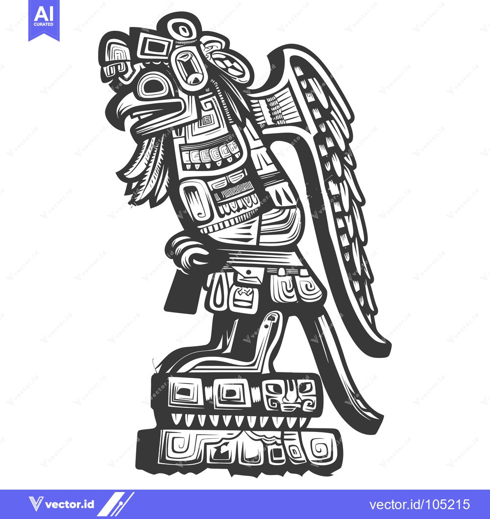 Premium Vector dari Stylized Black and White Illustration of a Feathered Aztec God