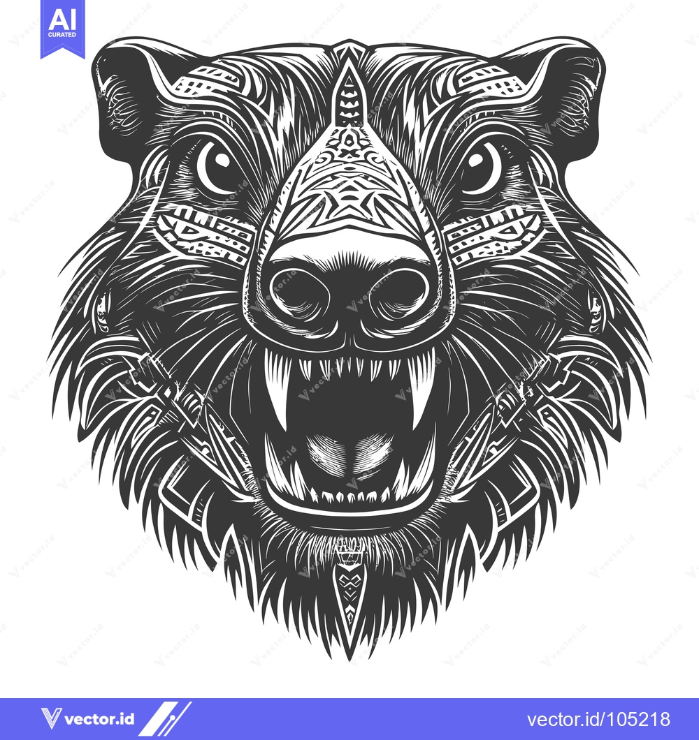 Premium Vector dari Stylized Black and White Illustration of a Ferocious Animal Head