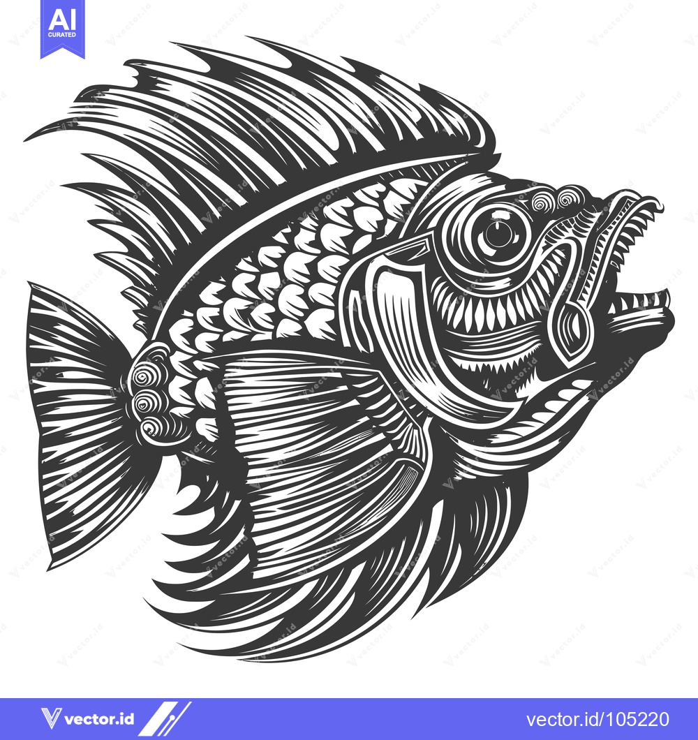 Premium Vector dari Stylized Black and White Illustration of a Fish with Open Mouth