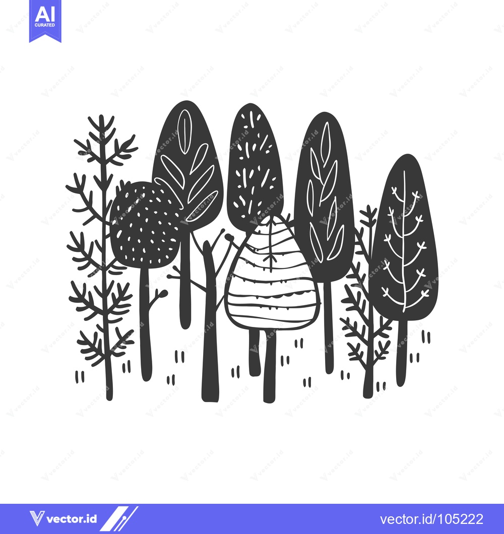 Premium Vector of Stylized Black and White Illustration of a Forest with Six Trees