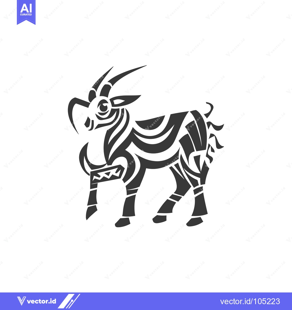 Premium Vector of Stylized Black and White Illustration of a Goat with Curved Horns