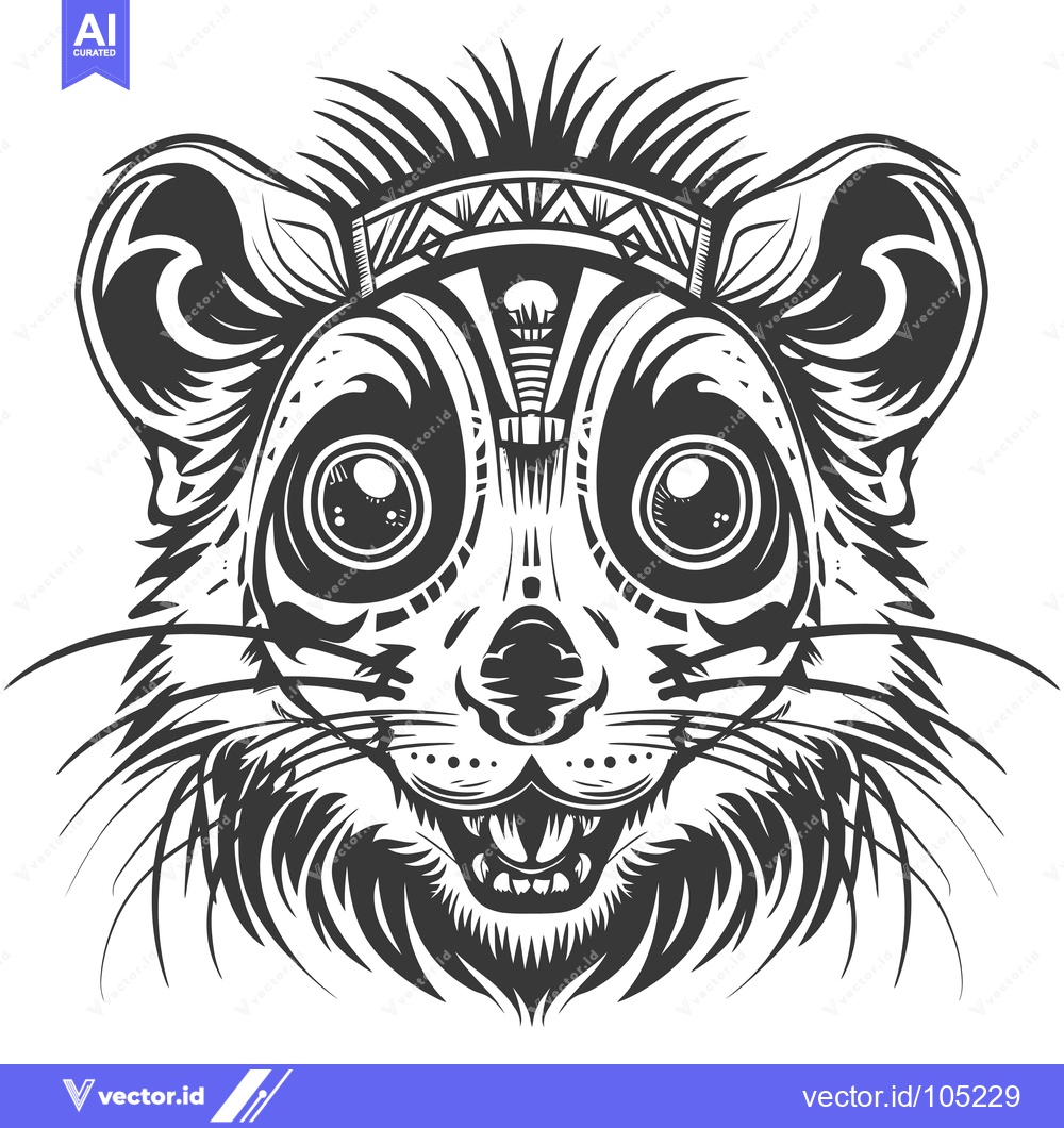 Premium Vector dari Stylized Black and White Illustration of a Lemur with Tribal Headband