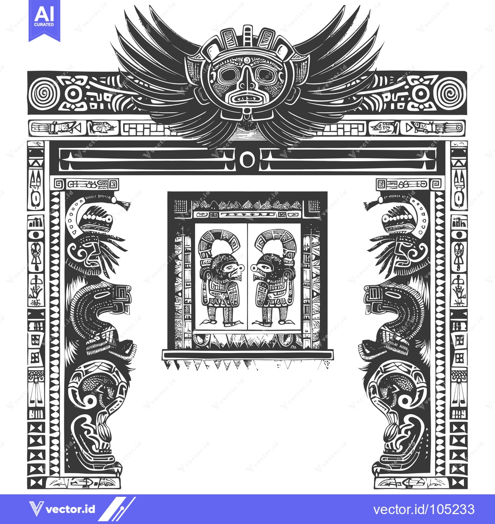Premium Vector dari Stylized Black and White Illustration of a Mayan-Inspired Gateway with