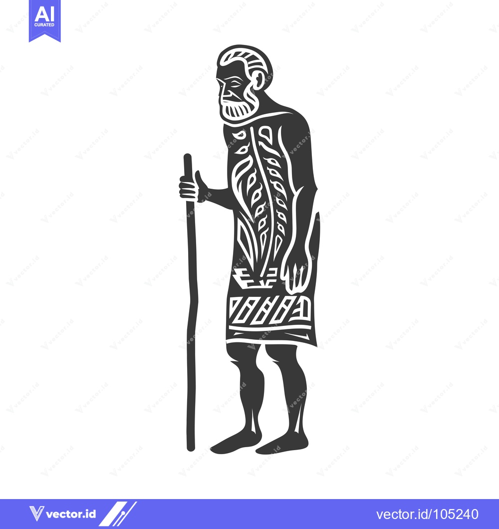 Premium Vector of Stylized Black and White Illustration of an Ancient Man with a Staff