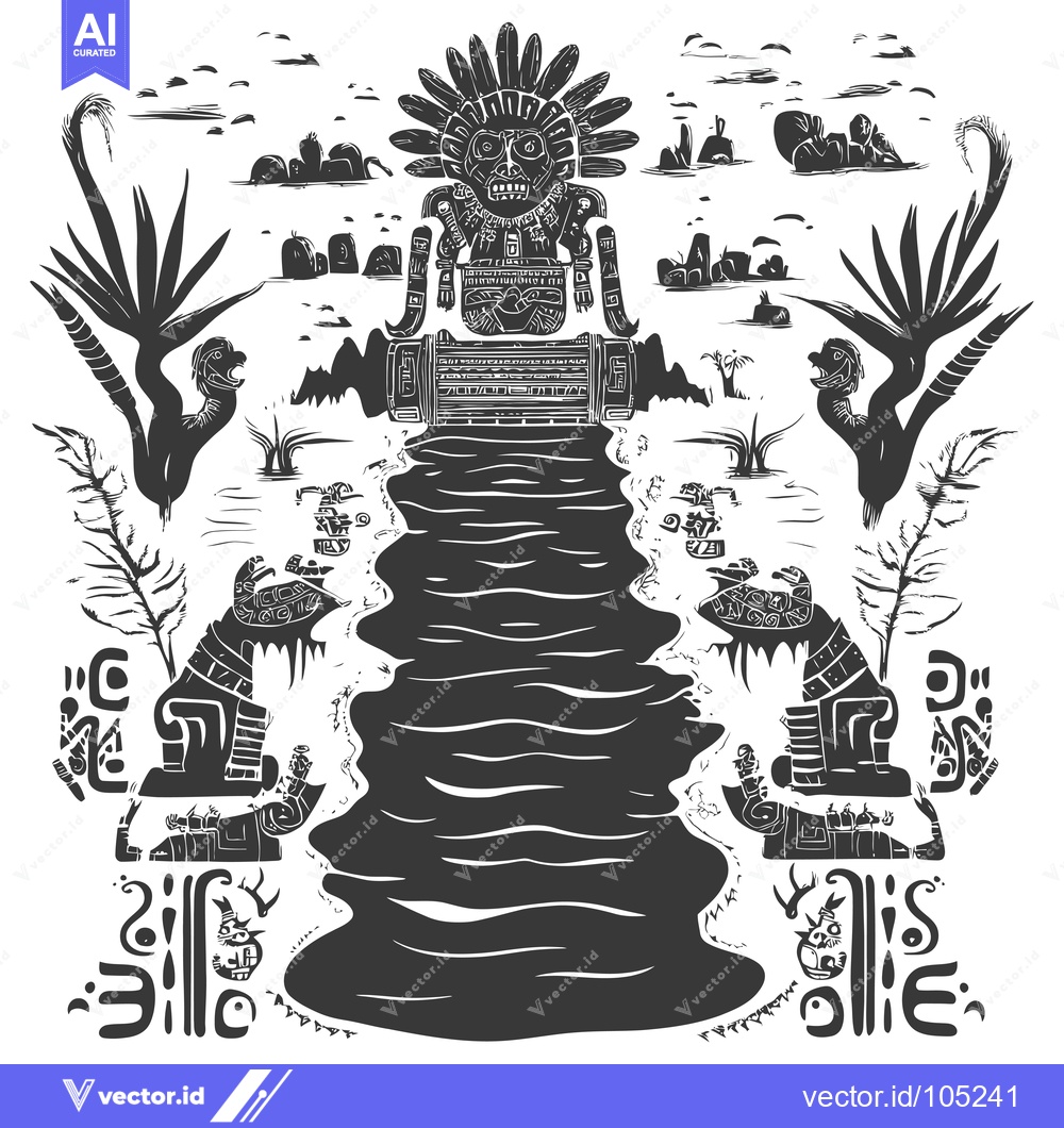 Premium Vector of Stylized Black and White Illustration of an Ancient Mayan River Scene
