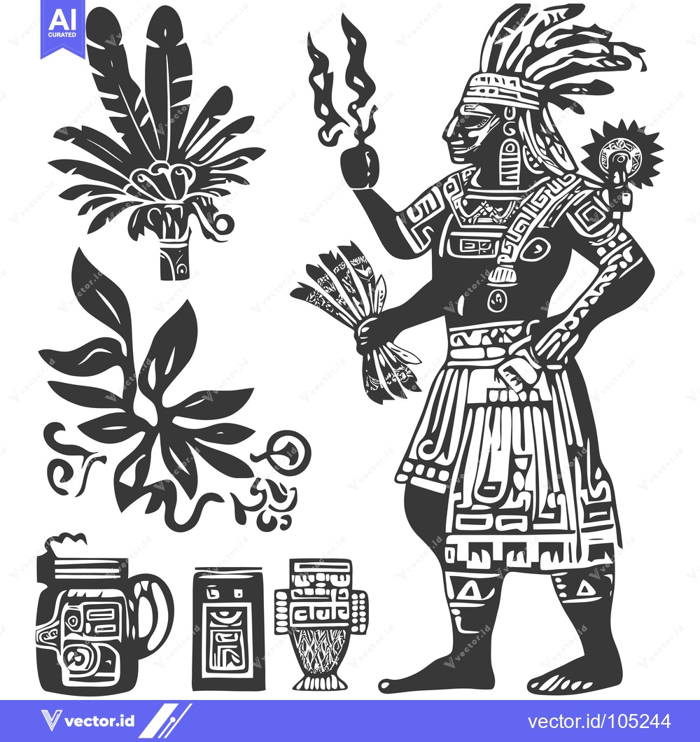 Premium Vector dari Stylized Black and White Illustration of an Aztec Figure with Ritual I