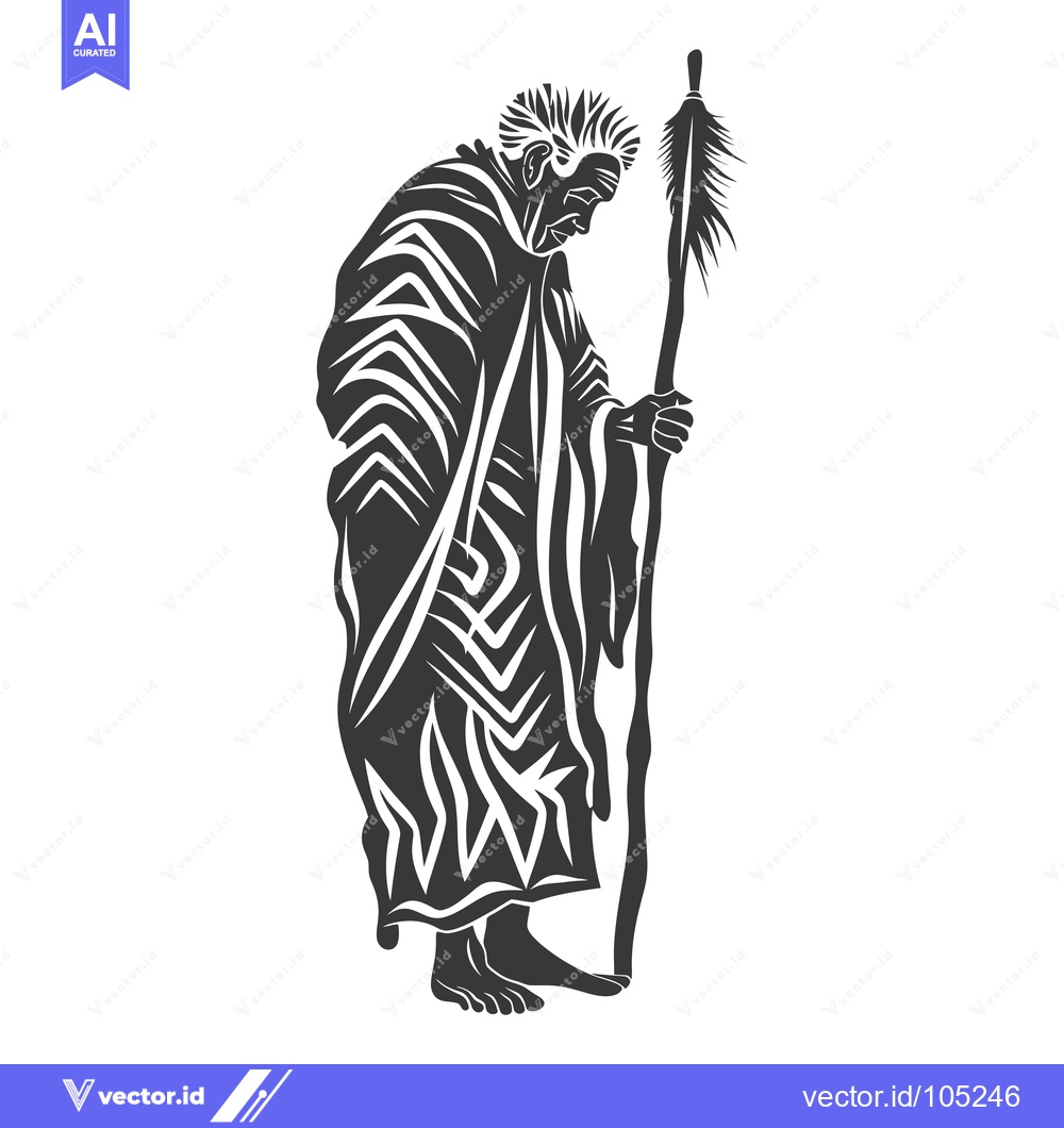 Premium Vector of Stylized Black and White Illustration of an Elderly Man with a Staff