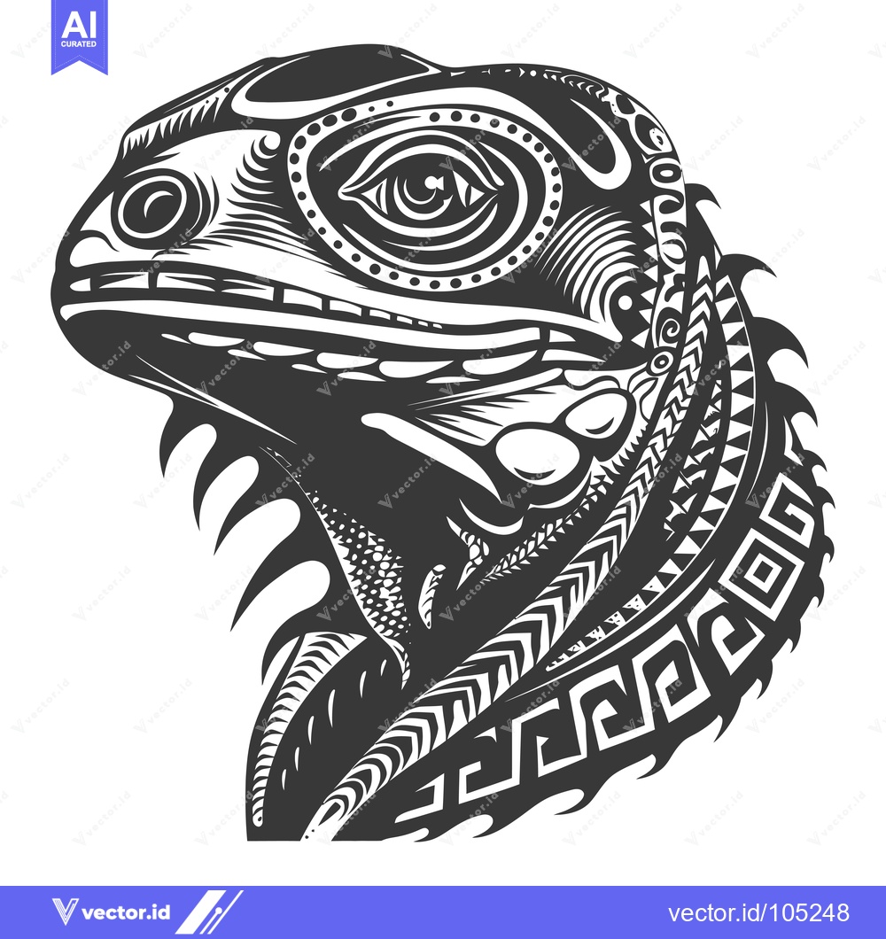 Premium Vector of Stylized Black and White Illustration of an Iguana Head