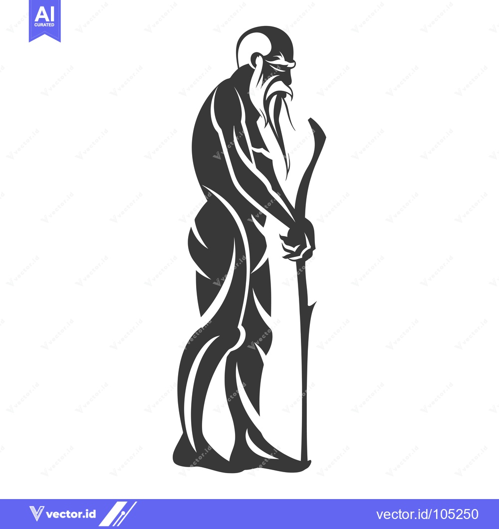 Premium Vector dari Stylized Black and White Illustration of an Old Man with a Staff