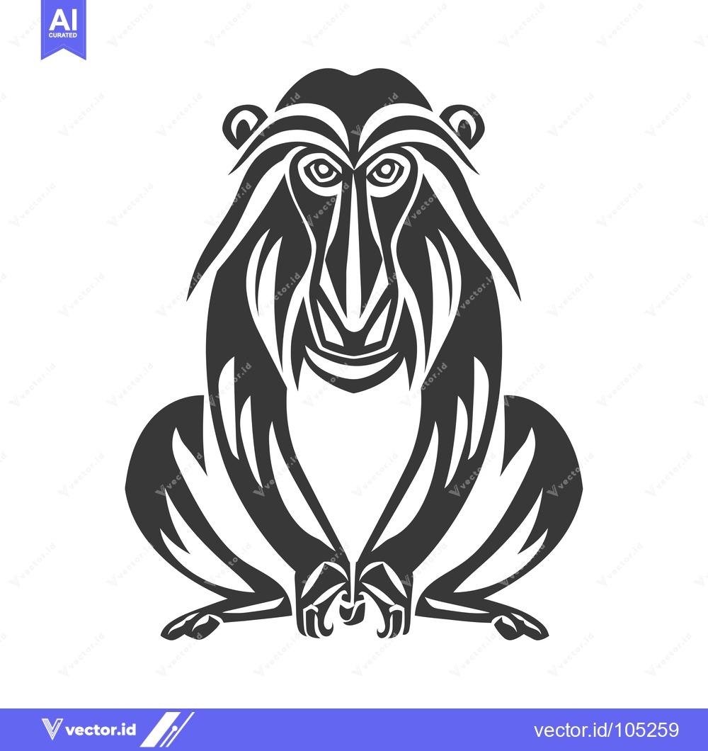 Premium Vector of Stylized Black and White Illustration of a Sitting Baboon