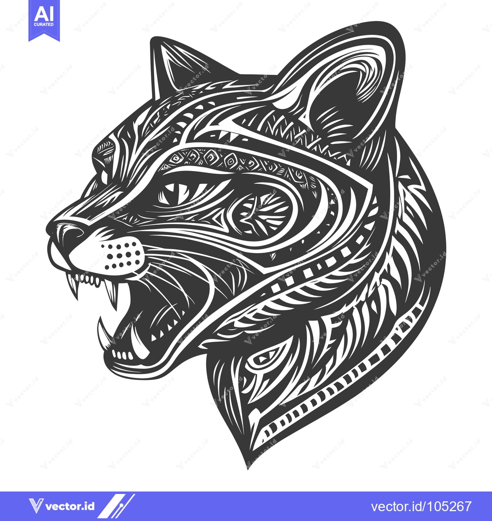 Premium Vector dari Stylized black and white illustration of a snarling cat head with intr
