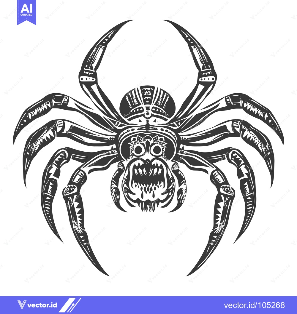 Premium Vector of Stylized Black and White Illustration of a Spider with Fangs