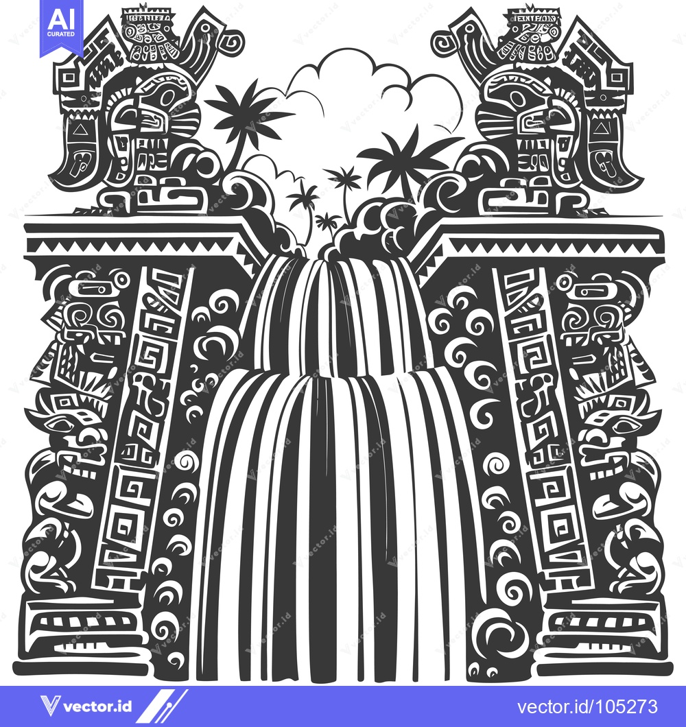 Premium Vector of Stylized Black and White Illustration of a Waterfall with Jungle Vines