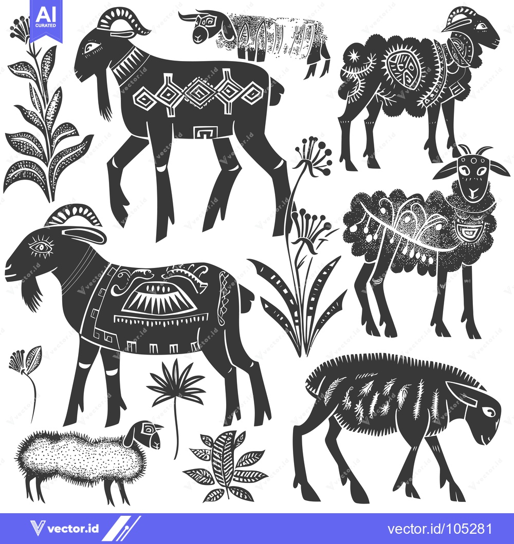 Premium Vector dari Stylized Black and White Illustration of Goats and Sheep in a Meadow