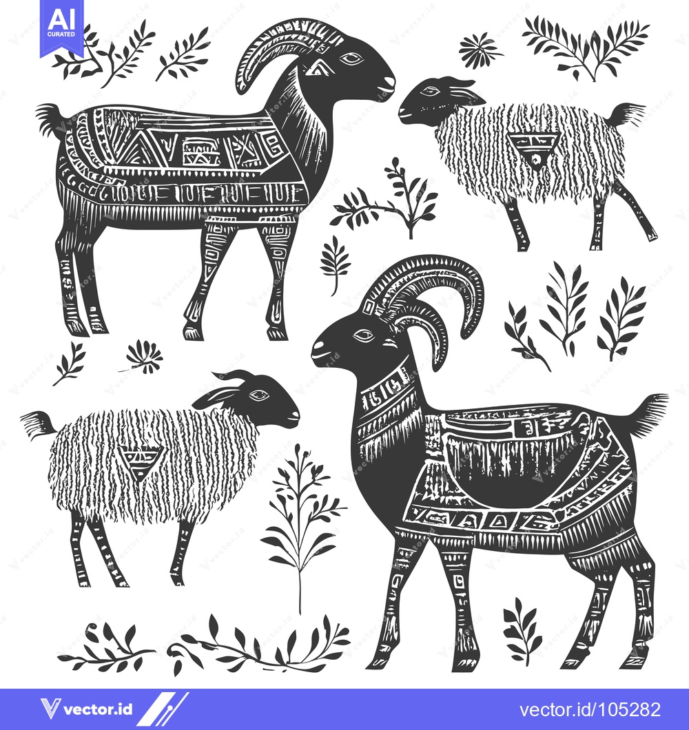 Premium Vector dari Stylized Black and White Illustration of Goats and Sheep with Floral M