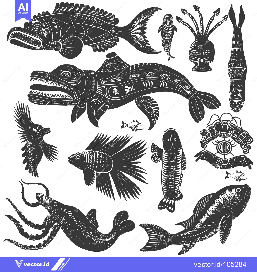 Premium Vector of Stylized Black and White Illustration of Various Fish and Sea Creature