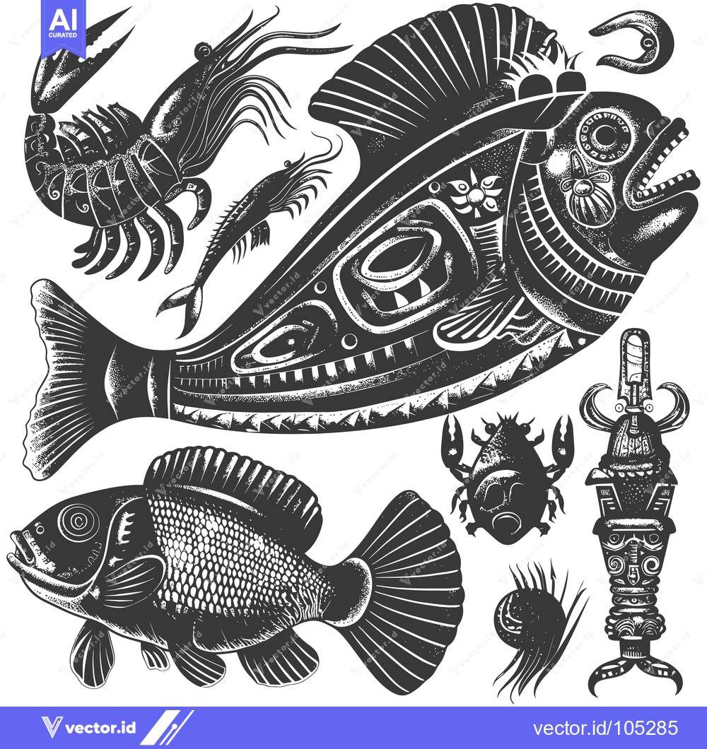 Premium Vector dari Stylized Black and White Illustration of Various Sea Creatures