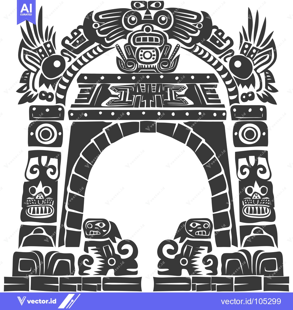 Premium Vector dari Stylized Black and White Mayan Archway with Animalistic Totems