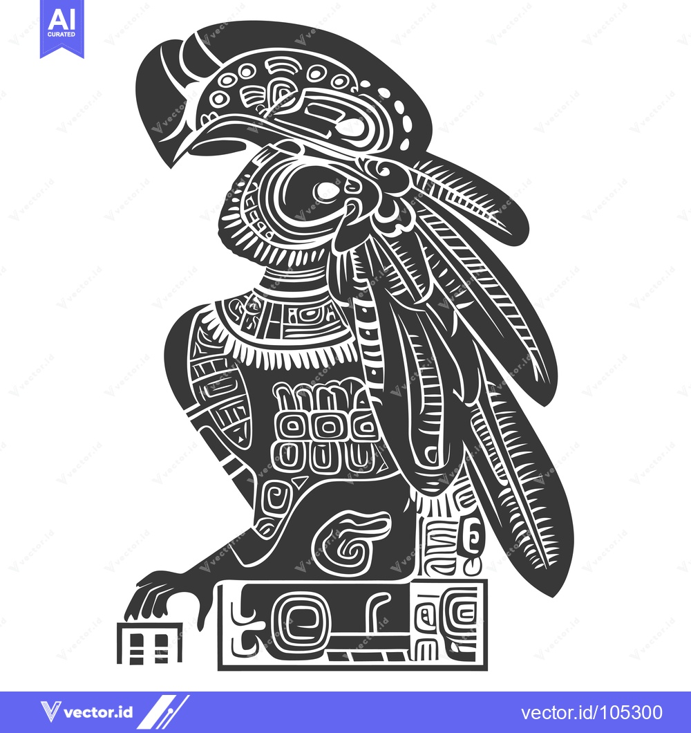 Premium Vector of Stylized Black and White Mayan Bird with Feathers